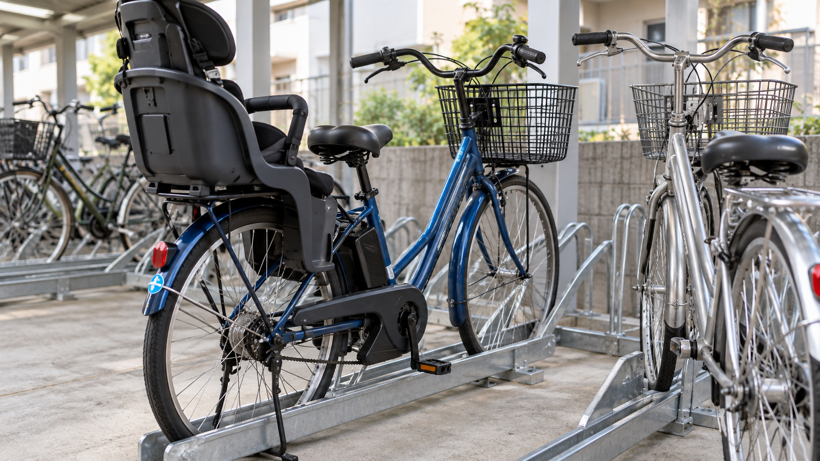共同住宅の駐輪ラックに並ぶ、チャイルドシート付きの青い自転車と銀色の自転車