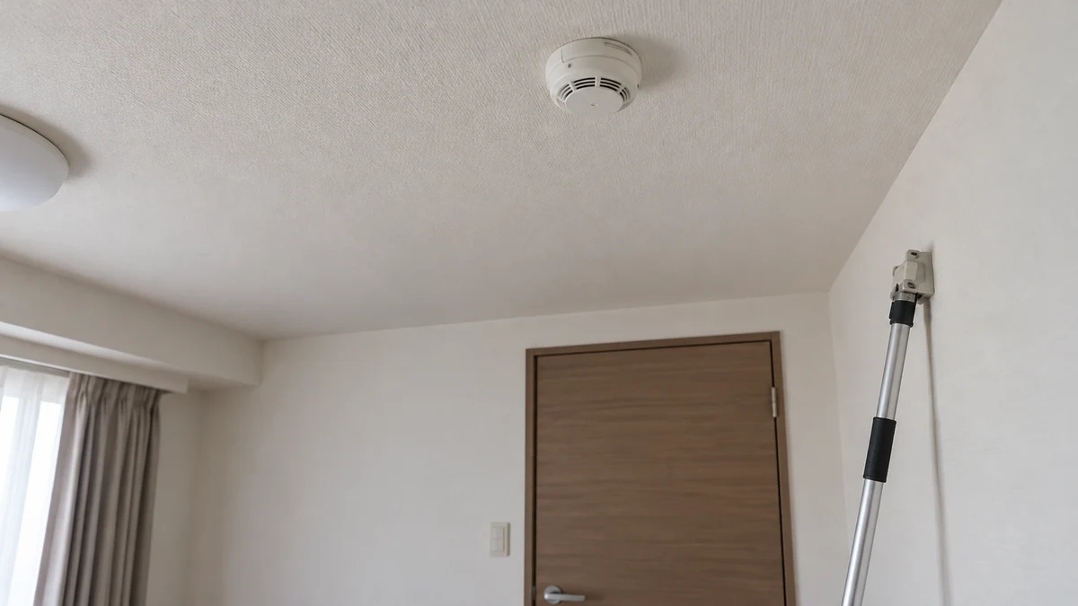 入室して点検する必要がある居室の感知器と点検用の棒
