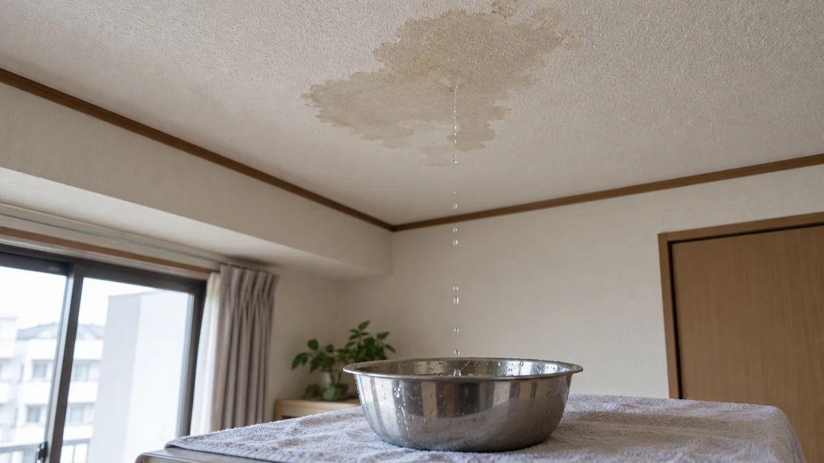 賃貸の天井のぬれた箇所と、その下で水を受ける容器