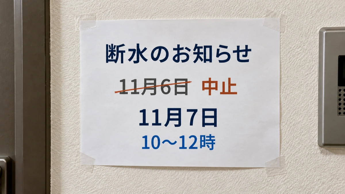 共用部の壁に貼られた、断水日程の訂正を伝える掲示