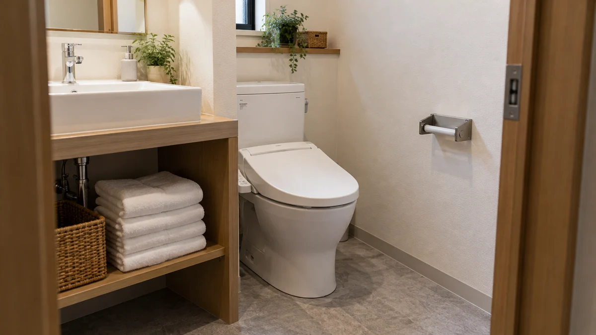 清掃された浴室のタオルと、補充が残っている空のトイレットペーパーホルダー