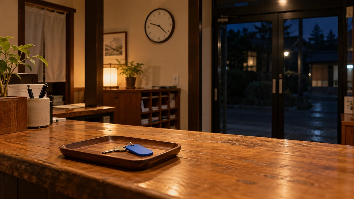 夜の無人の受付に残る部屋の鍵と、到着を待つ時間を示す時計
