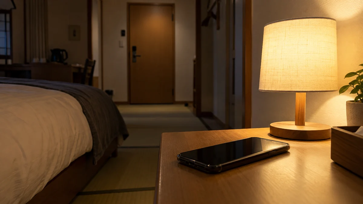 夜の宿泊施設で、室内灯のそばに置かれた着信待機用の携帯電話