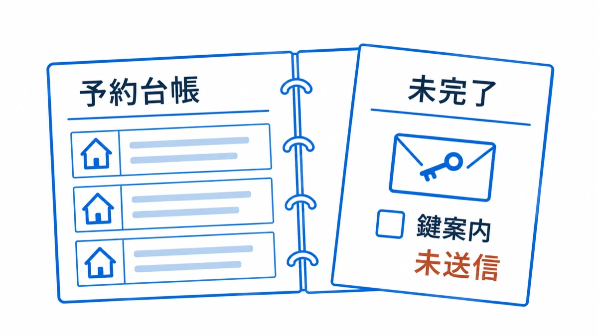 予約台帳と、未送信の鍵案内を残した未完了メモ