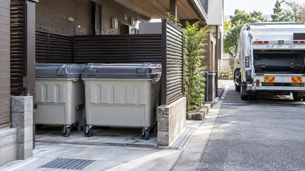 宿泊施設の敷地内のふた付き保管容器と、ごみ収集の動線