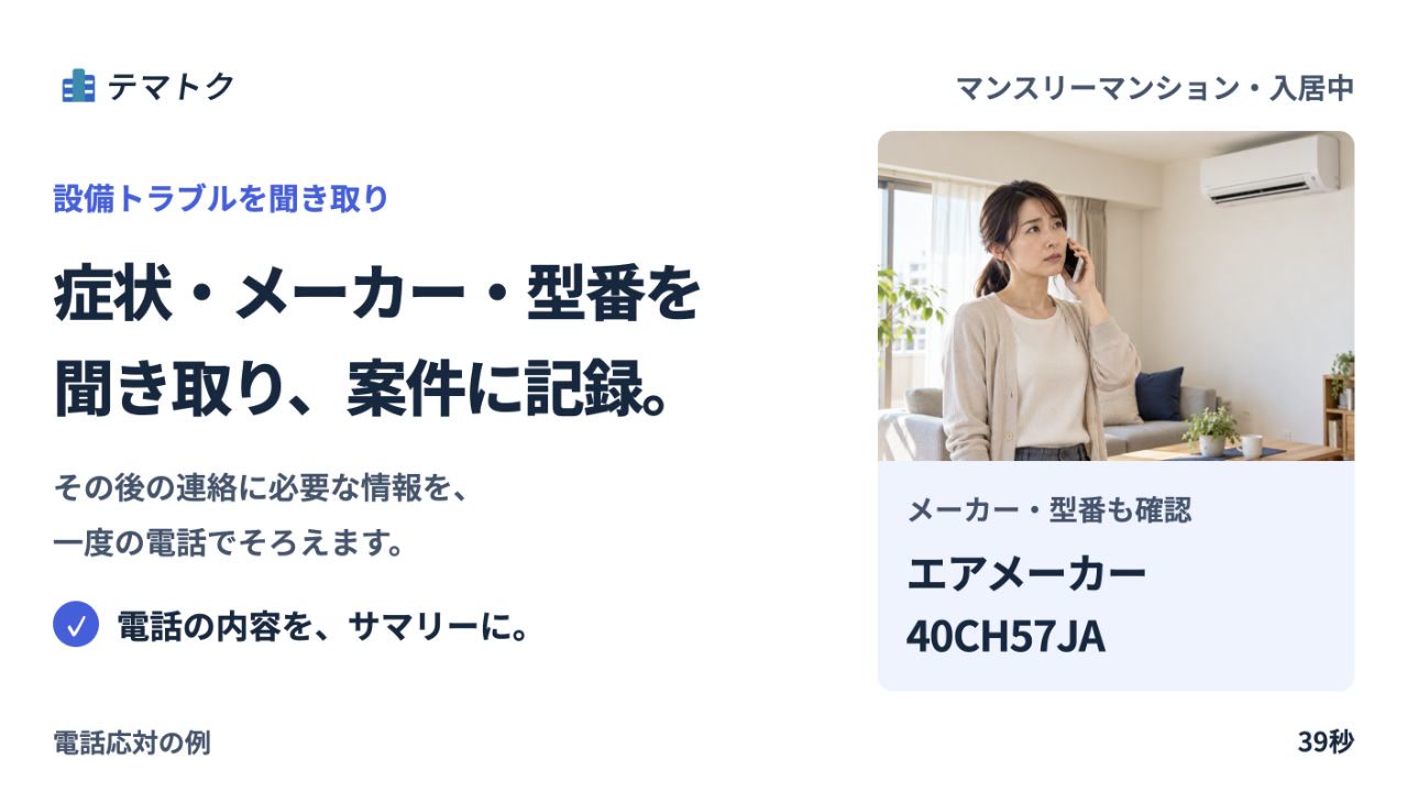 エアコンの問い合わせを受け付け、内容を整理する例のサムネイル