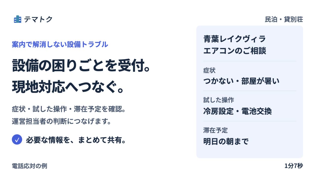 民泊のエアコンの相談を受け、運営担当者へ引き継ぐ例のサムネイル